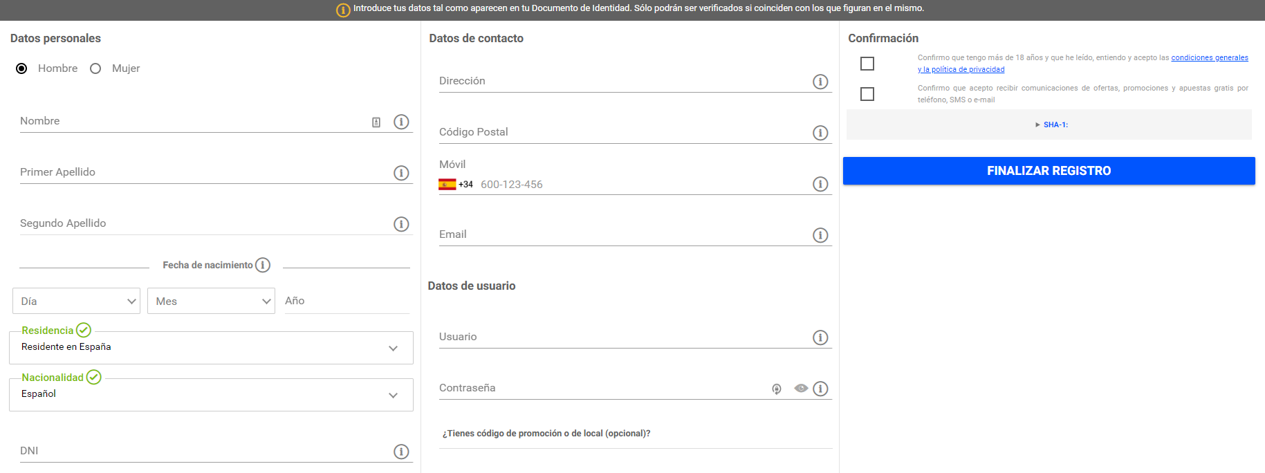 Crea una cuenta en Codere