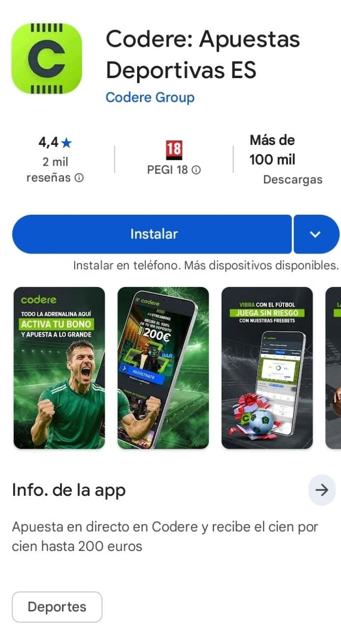 Captura de app de Codere