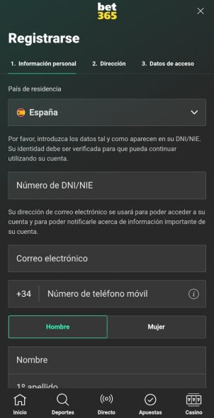 Formulario de registro de bet365