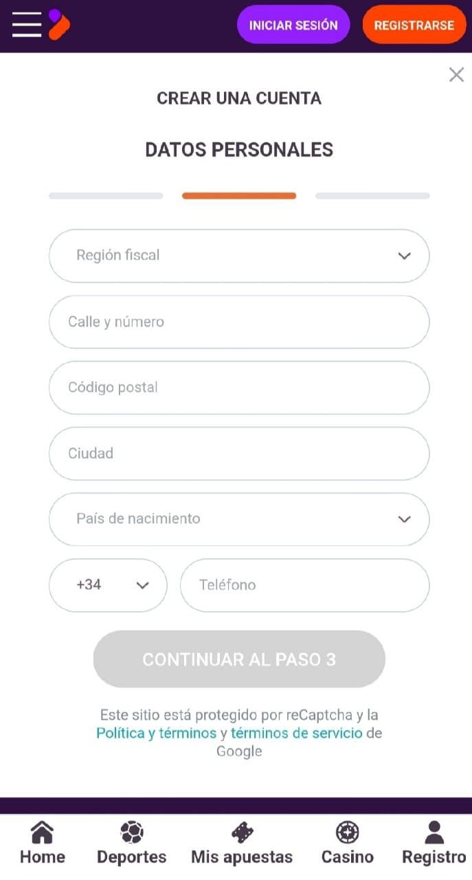 Registro en Tonybet Paso 2