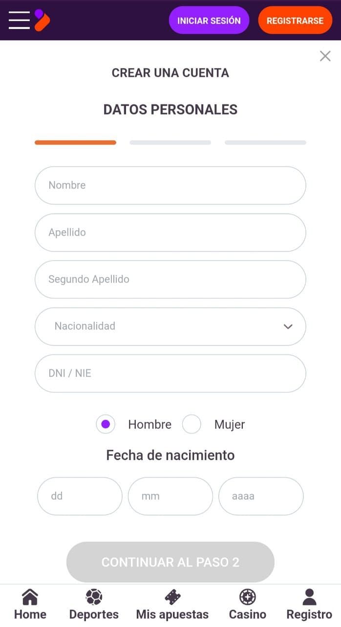 Registro en Tonybet Paso 1