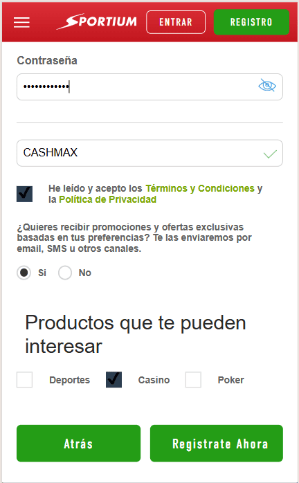 Registrarse en sportium con el codigo promocional para españa