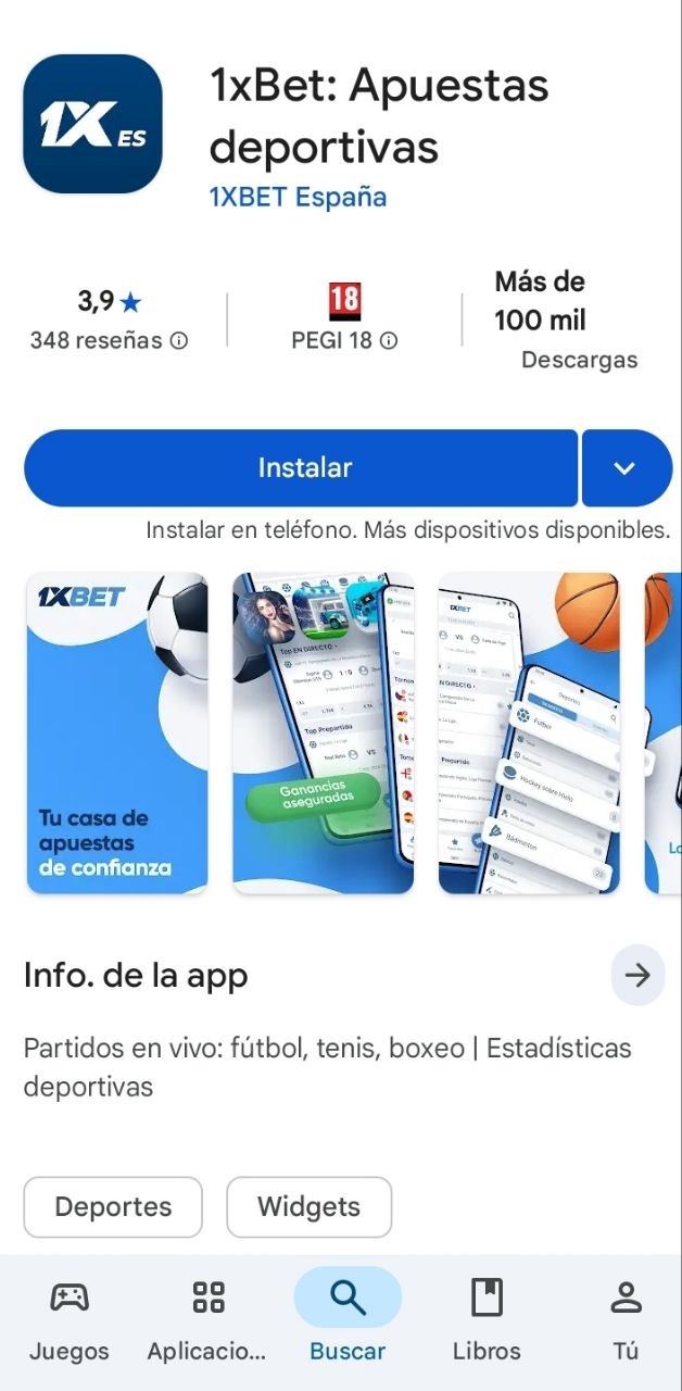 Captura de app de 1xBet